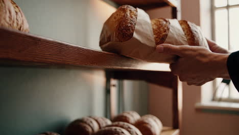 placing freshly baked bread on wooden shelves