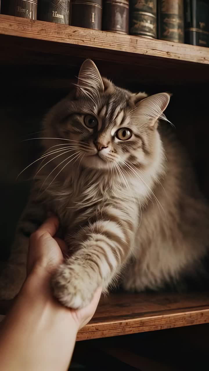 Video verticale: mano nuda che raggiunge la zampa di un gatto soriano appoggiata su uno scaffale di legno per accarezzarlo, libri in pelle