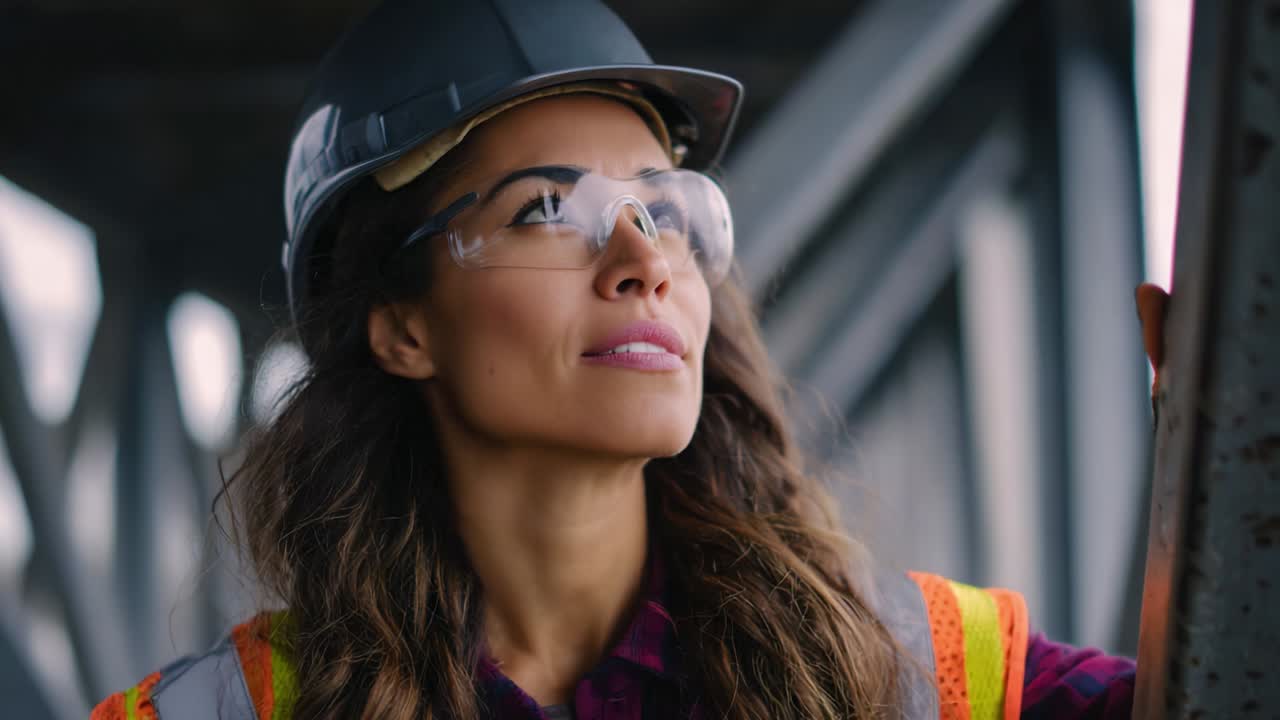 A determined construction worker gazes upwards with hope and ambition, showcasing confidence and dedication in a challenging environment while wearing safety gear around a steel structure