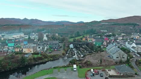 drone flyover sneem village on a autumn morning tourist village on the ring of kerry ireland