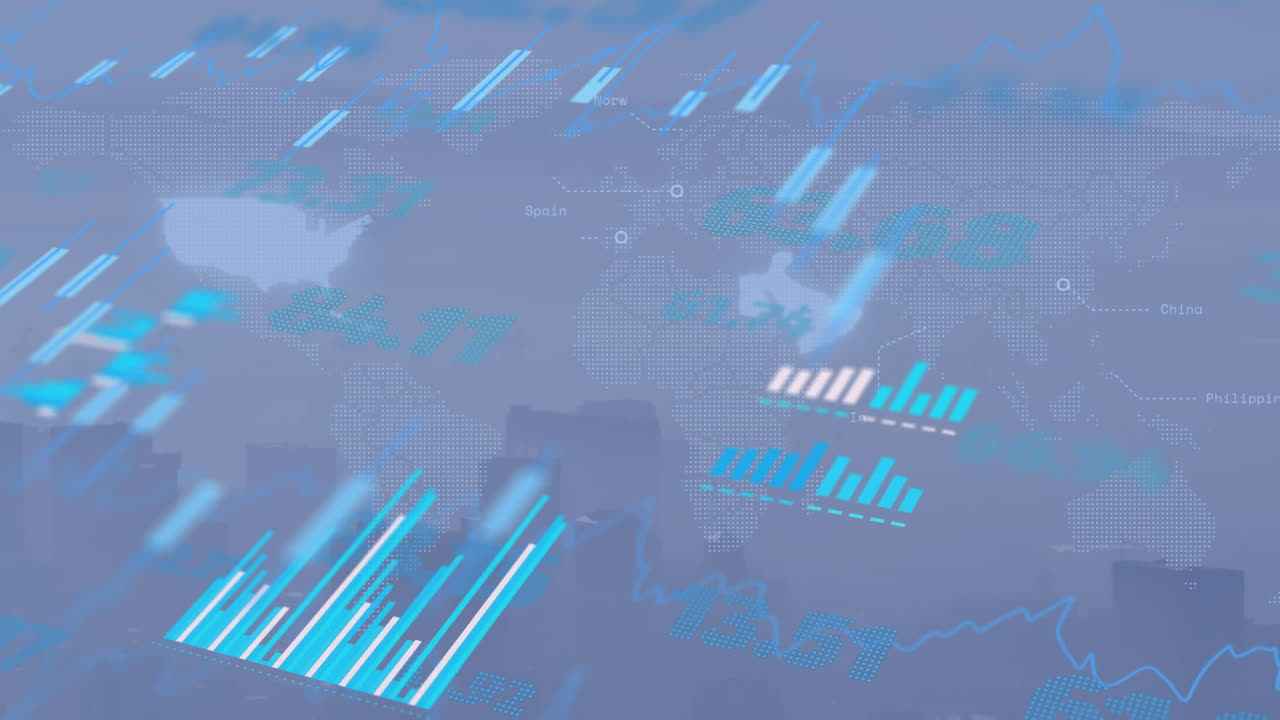 Animation of financial data processing over cityscape