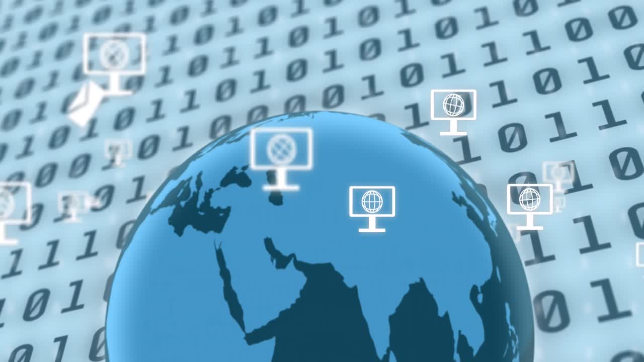 이진 코딩을 통해 컴퓨터 및 봉투 아이콘으로 지구상의 애니메이션