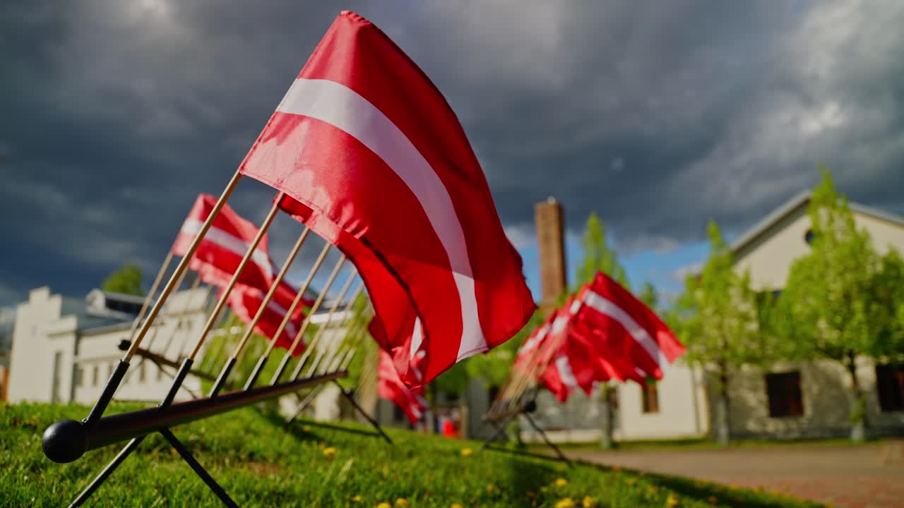 Multiple Latvian flags move rhythmically in slow motion during sunny patriotic event