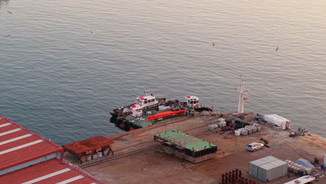 aerial shot of genoa port with docked boats, calm sea, warehouses and containers