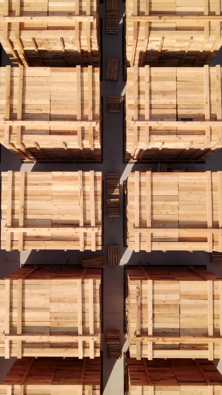 Vertical video: Panning camera moving along aisle among crate stacks in lumberyard showing stock