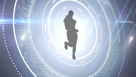 animation of silhouette of female runner with circular scope and motherboard and pulsing light