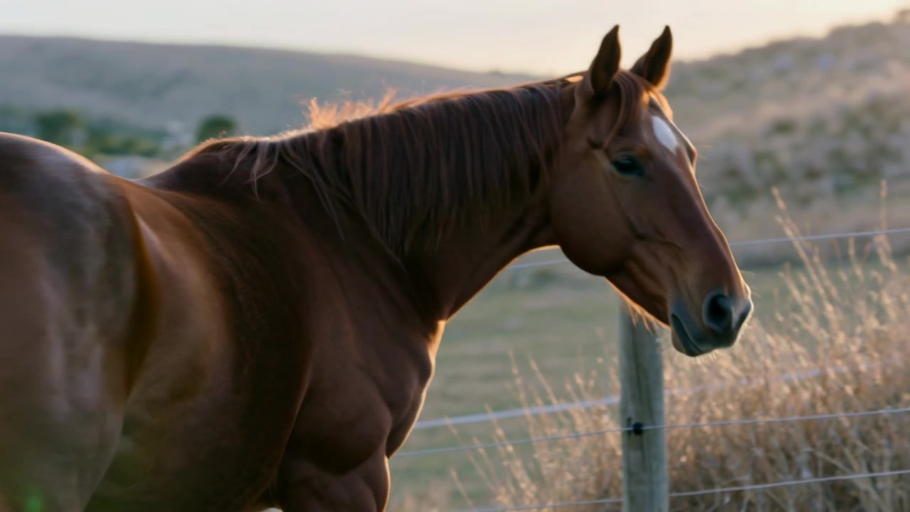 Cavalo castanho transferindo o peso, virando a cabeça em um pasto cercado, inspecionando um poste de cerca de madeira.