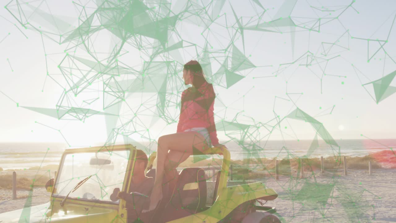 After buggy parking woman rising through top cheering sun gripping bar green tech net drifting over