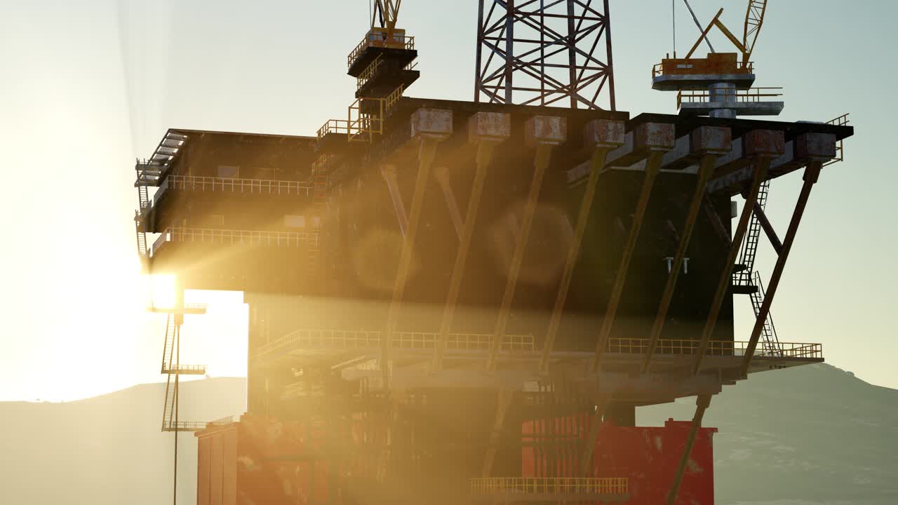 En offshore olieplatform i solnedgangens lys