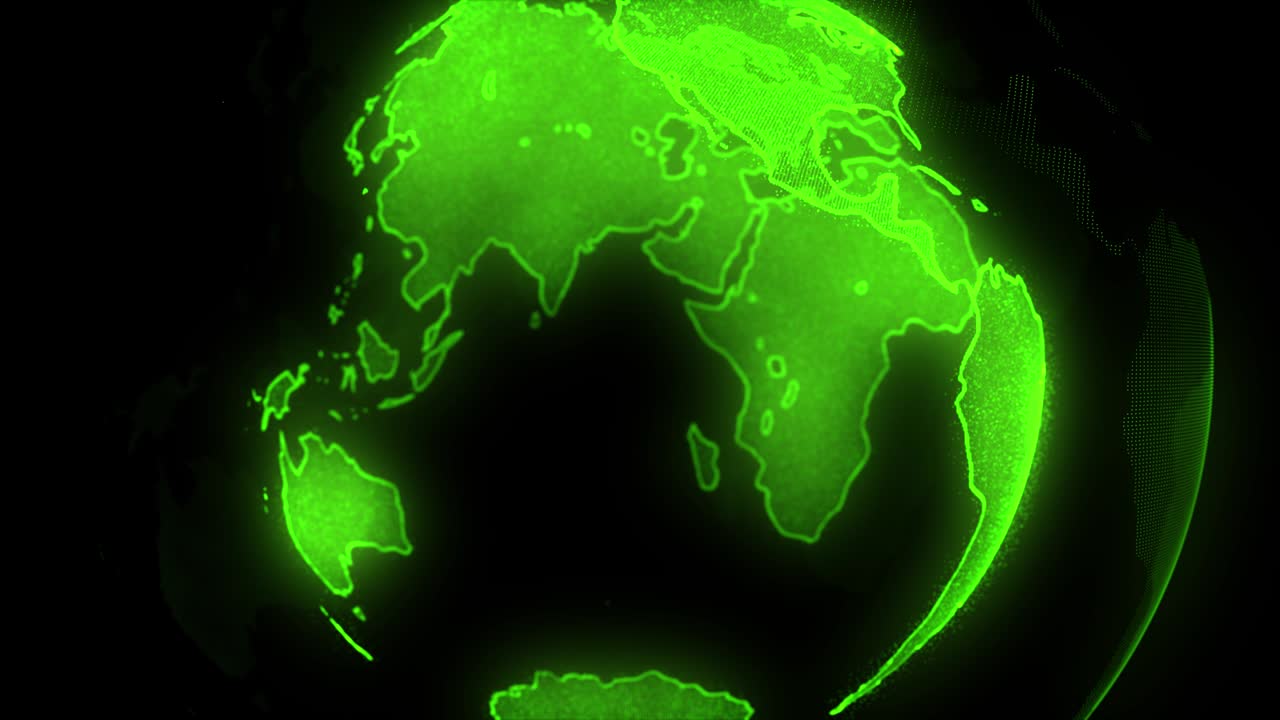 planeta verde digital de la tierra. globo giratorio con continentes brillantes. animación 3d con tierra digital y partículas. concepto de negocio global abstracto