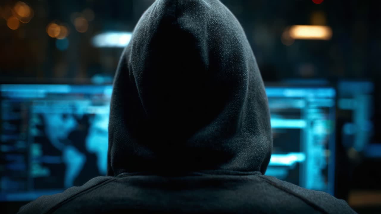 En mystisk figur i en mørk hættetrøje observerer flere computerskærme oplyst med data i et svagt oplyst miljø, hvilket antyder cyberaktivitet.