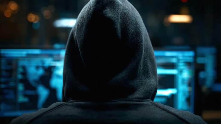 Una figura misteriosa con una felpa scura con cappuccio che osserva più schermi di computer illuminati da dati in un ambiente scarsamente illuminato, suggerendo attività informatiche.