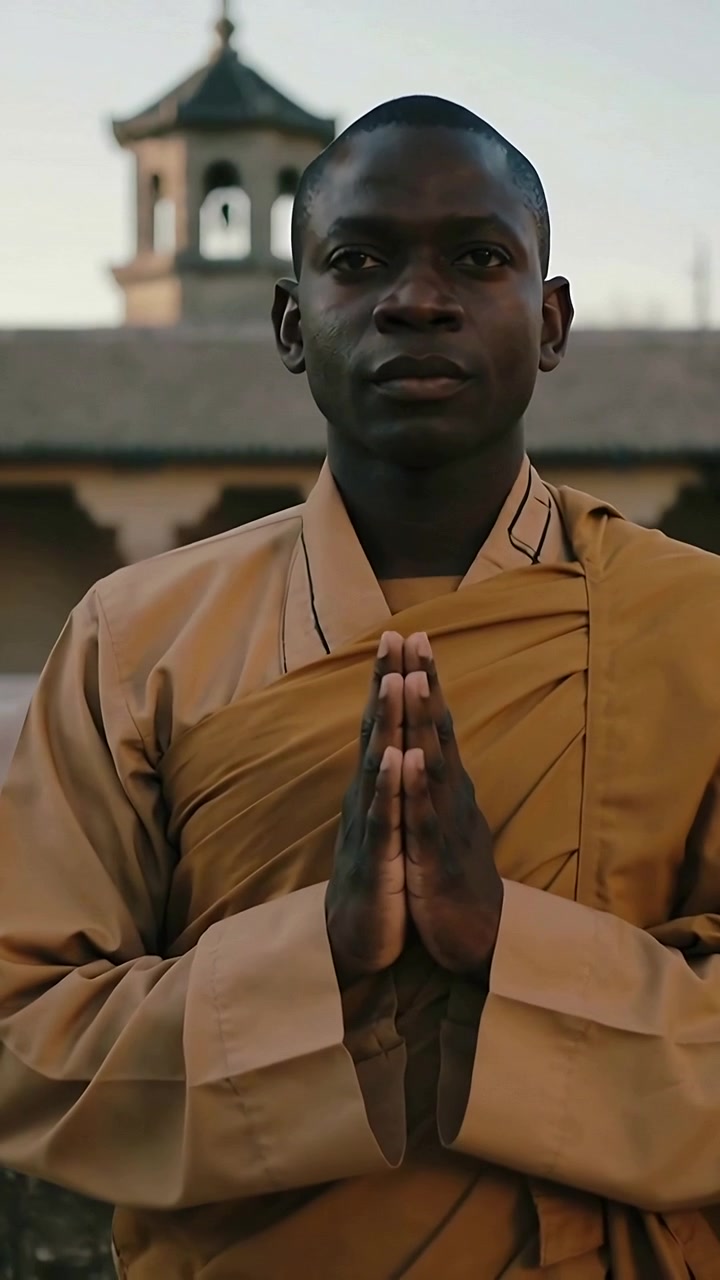 Vertical video: Pulling back camera showing man in yard with bell, robe, holding palms for prayer