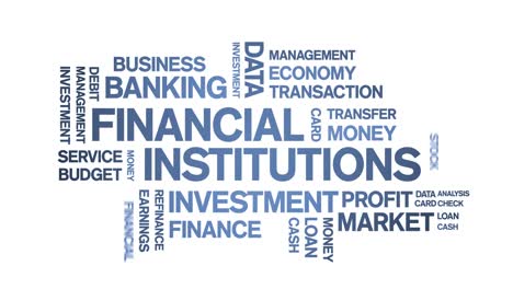 4k financial institutions animated tag word cloud,text animation seamless loop.