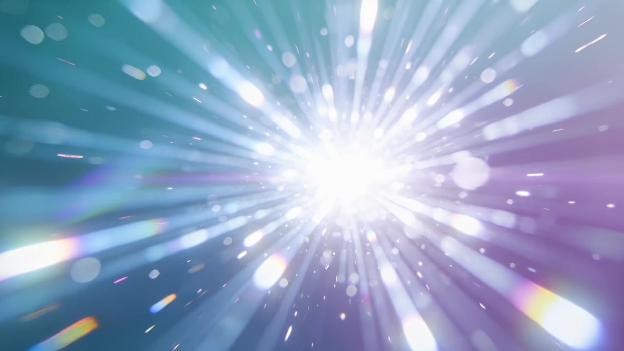 Bright core forming, casting rays and sparks with bokeh across teal-purple gradient, creating burst