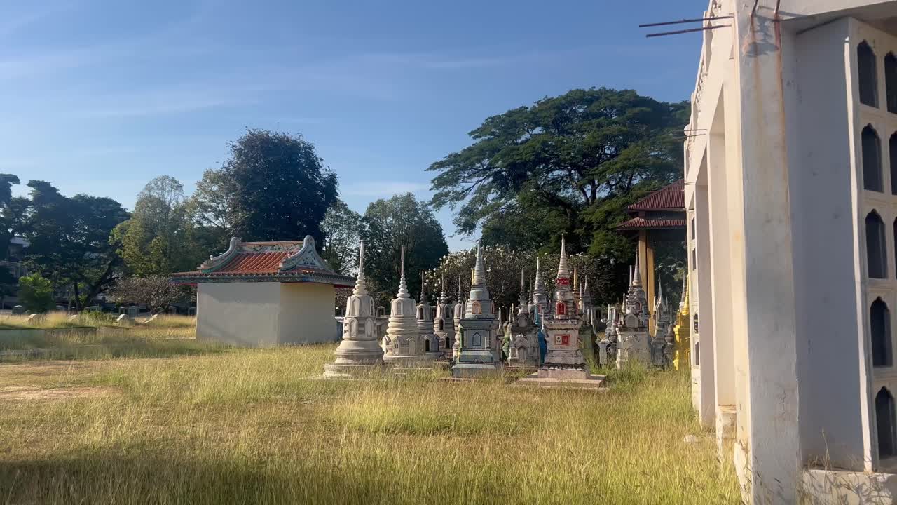 สุสานชาวพุทธที่มีสถูปหินล้อมรอบไปด้วยหญ้าสูง