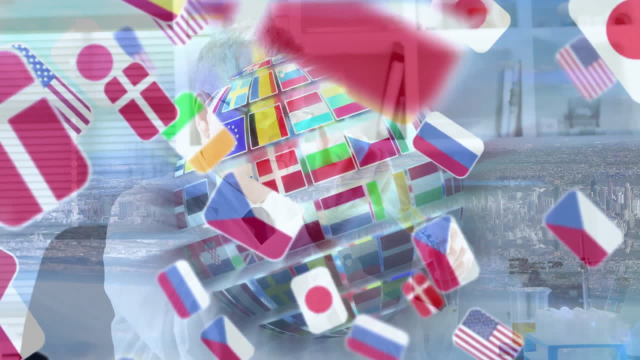 Animation of flags forming globe over digital background in school setting