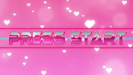 animation of press start text over heart icons on pink background