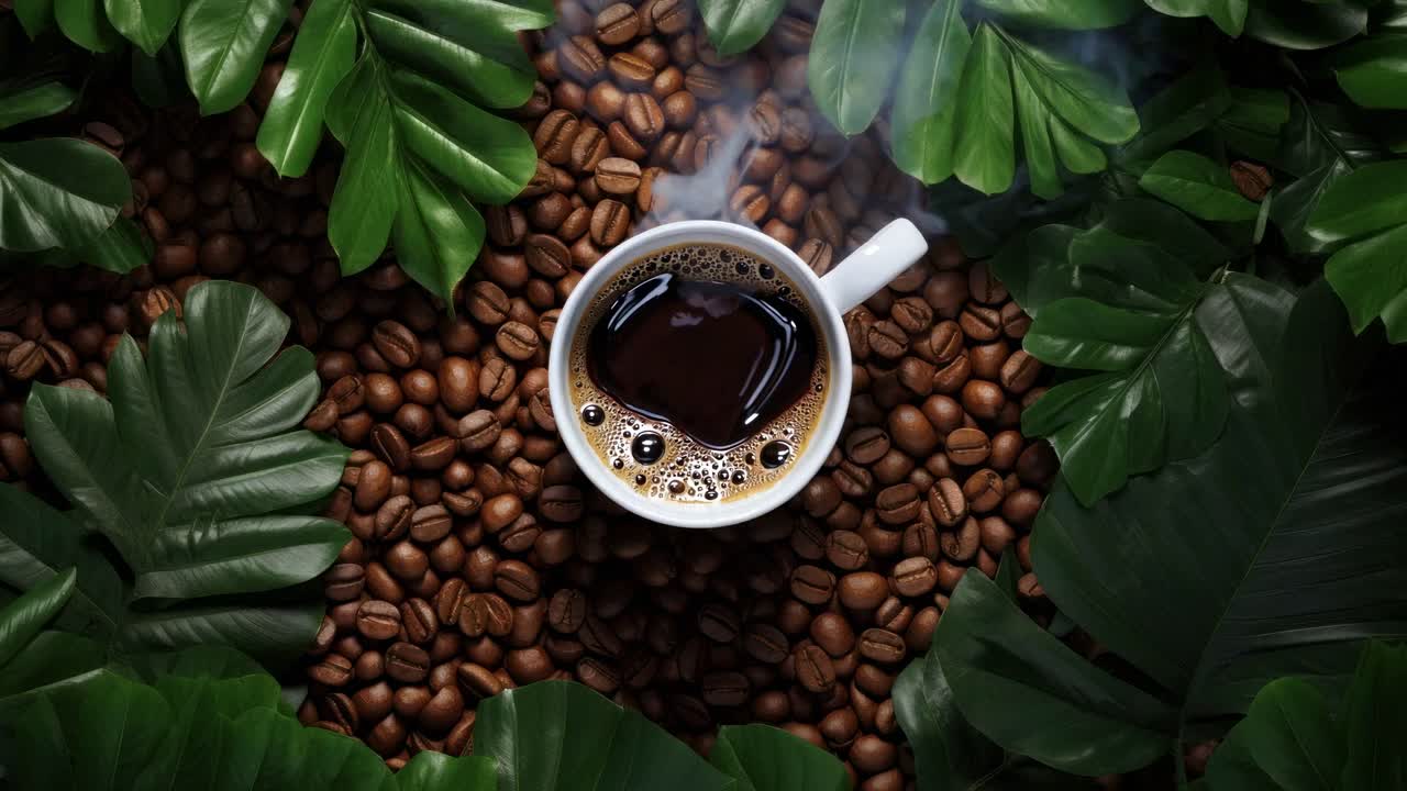 Top-down video shot of a coffee cup surrounded by coffee beans and lush green leaves