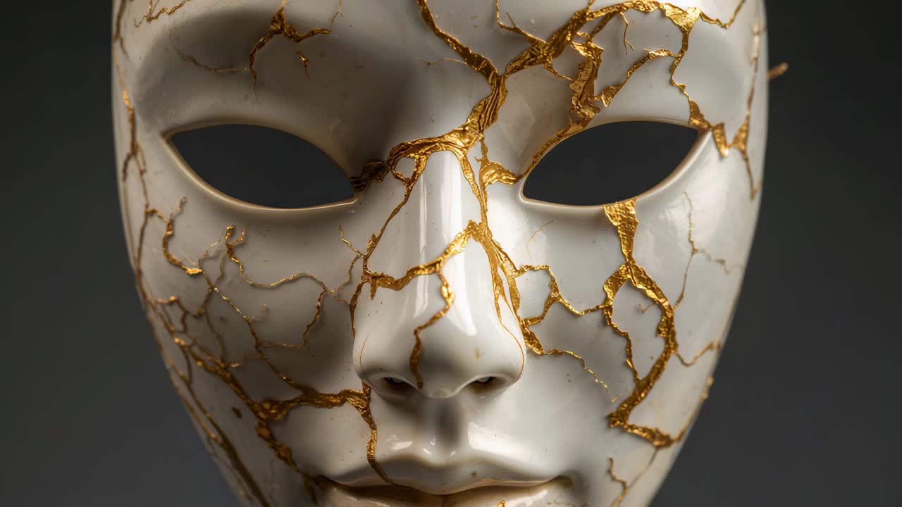 Rotating ceramic mask, camera shifting right in studio, revealing gold-filled cracks and interior