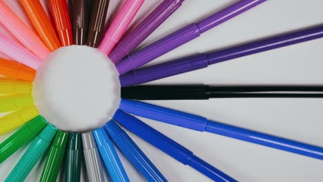 the felt pen on the turntable. the marker spin rotate. twist, create pattern, make design shape circle. top view, flat lay