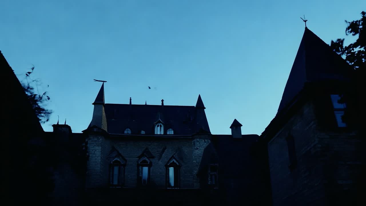 Et gammelt stenslot med tårne mod en mørkeblå himmel