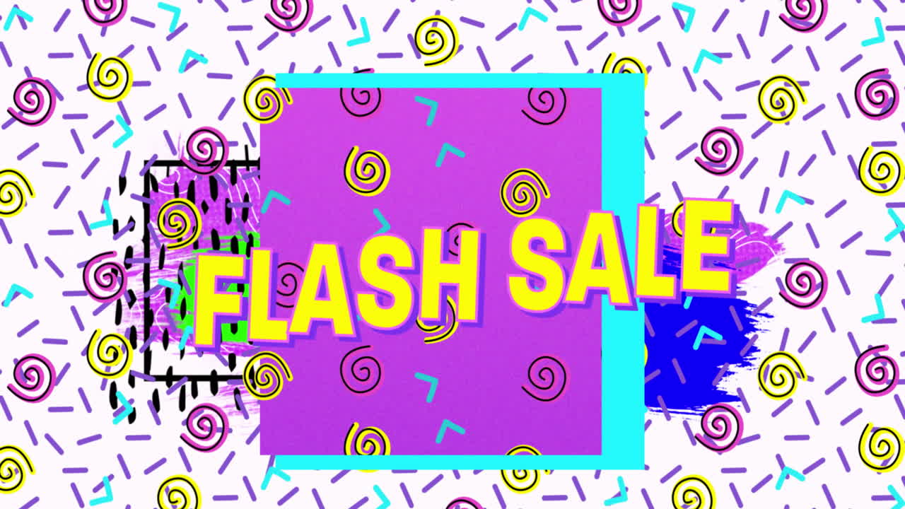 밝은 색의 레트로 패턴 위에 노란색 글자로 플래시 판매 텍스트의 애니메이션