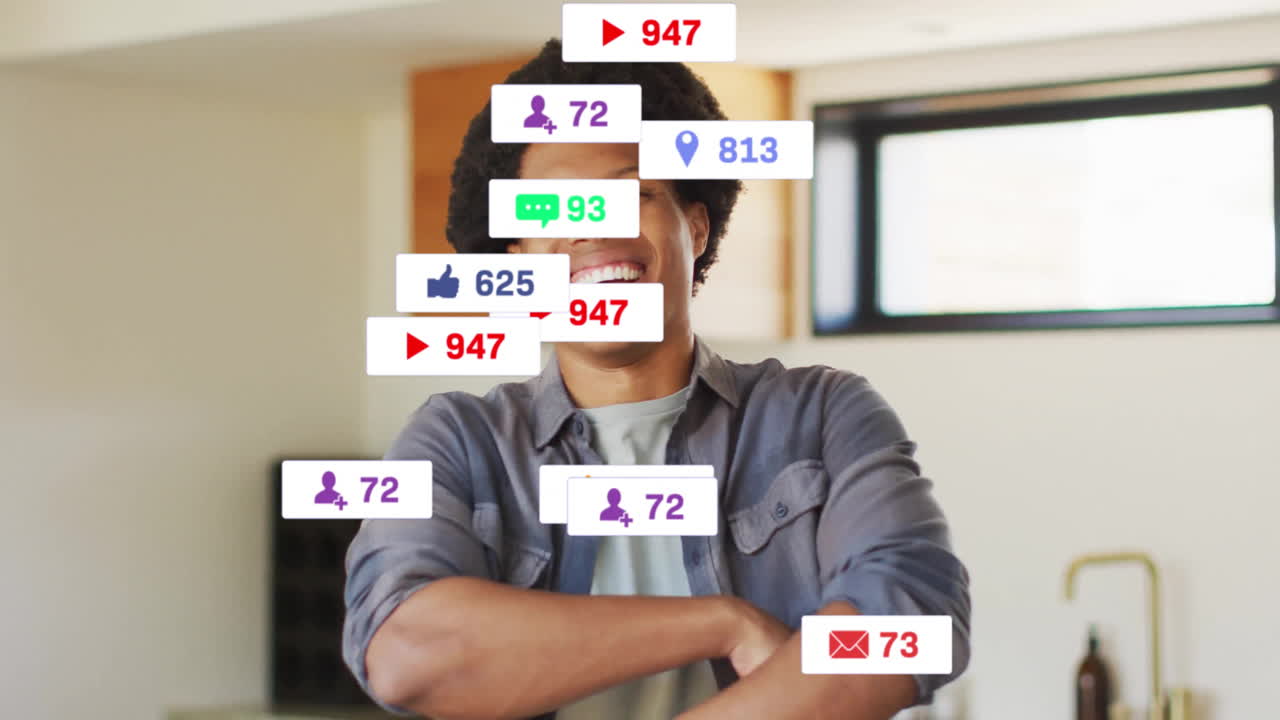 Person omgivet af notifikationer fra sociale medier, skaber animation på smartphone.