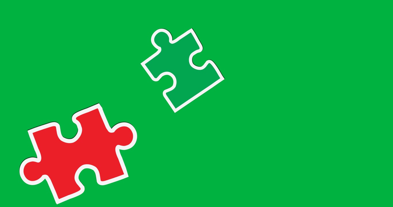 Pezzo verde che appare, poi rosso e giallo che entrano; pezzi che fluttuano, ruotano e si ripetono su sfondo trasparente.