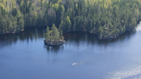 a small tied island or isthmus in a spruce forest, drone flying in national park in finland called helvetinjärvi. 4k prores.