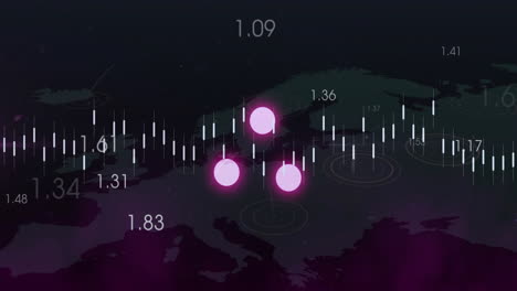 data points and numerical values animation over map of europe