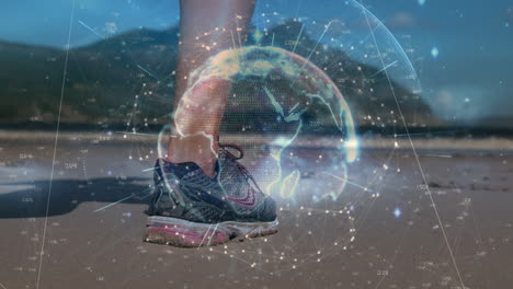 animation of globe, rays, molecule, caucasian runner with sports shoes running at beach