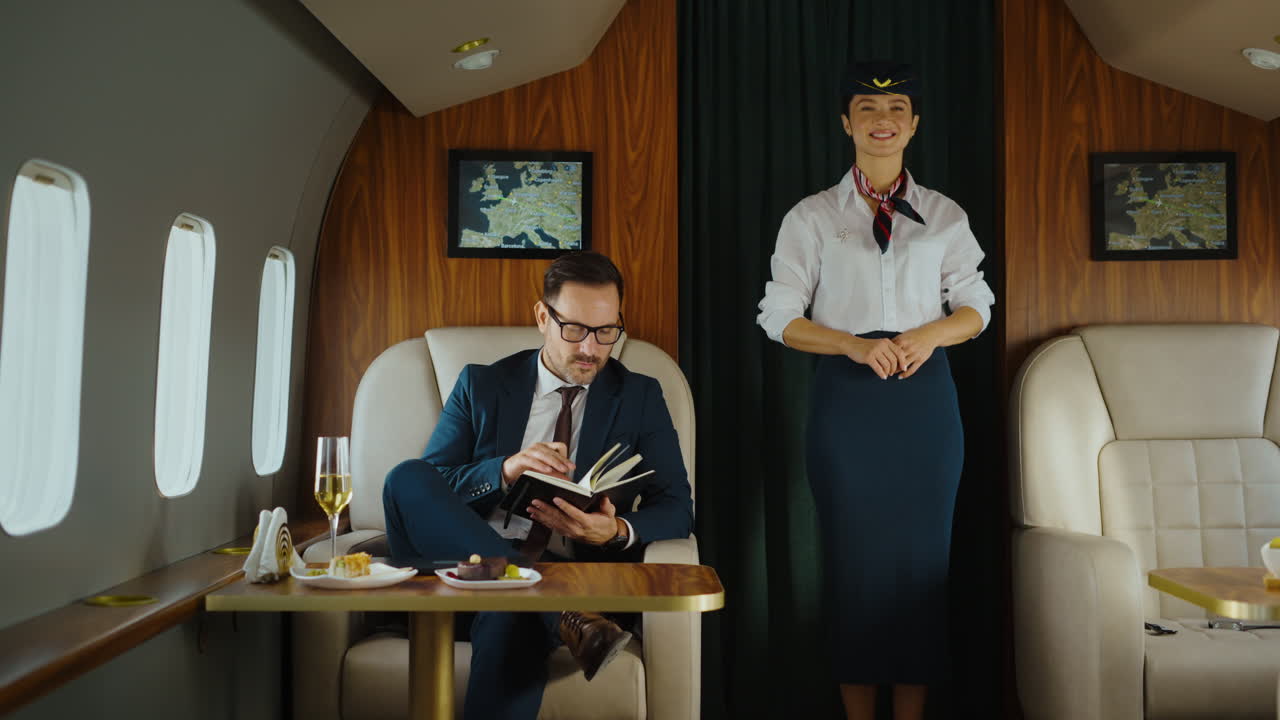 Businessman and Flight Attendant on a Private Jet