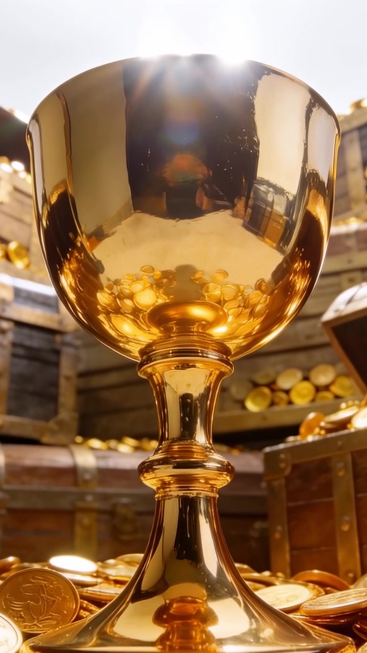 Video verticale: Calice scintillante che cattura la luce dall'alto e il bagliore dell'obiettivo in una cripta con monete e forzieri.