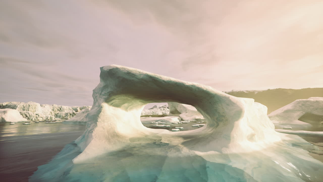 Iceberg with natural arch in serene arctic waters during sunset