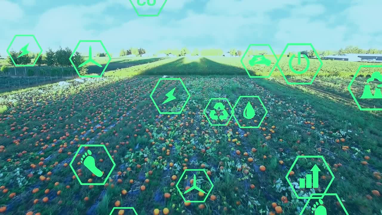 필드 위의 디지털 생태 및 녹색 에너지 아이콘의 애니메이션
