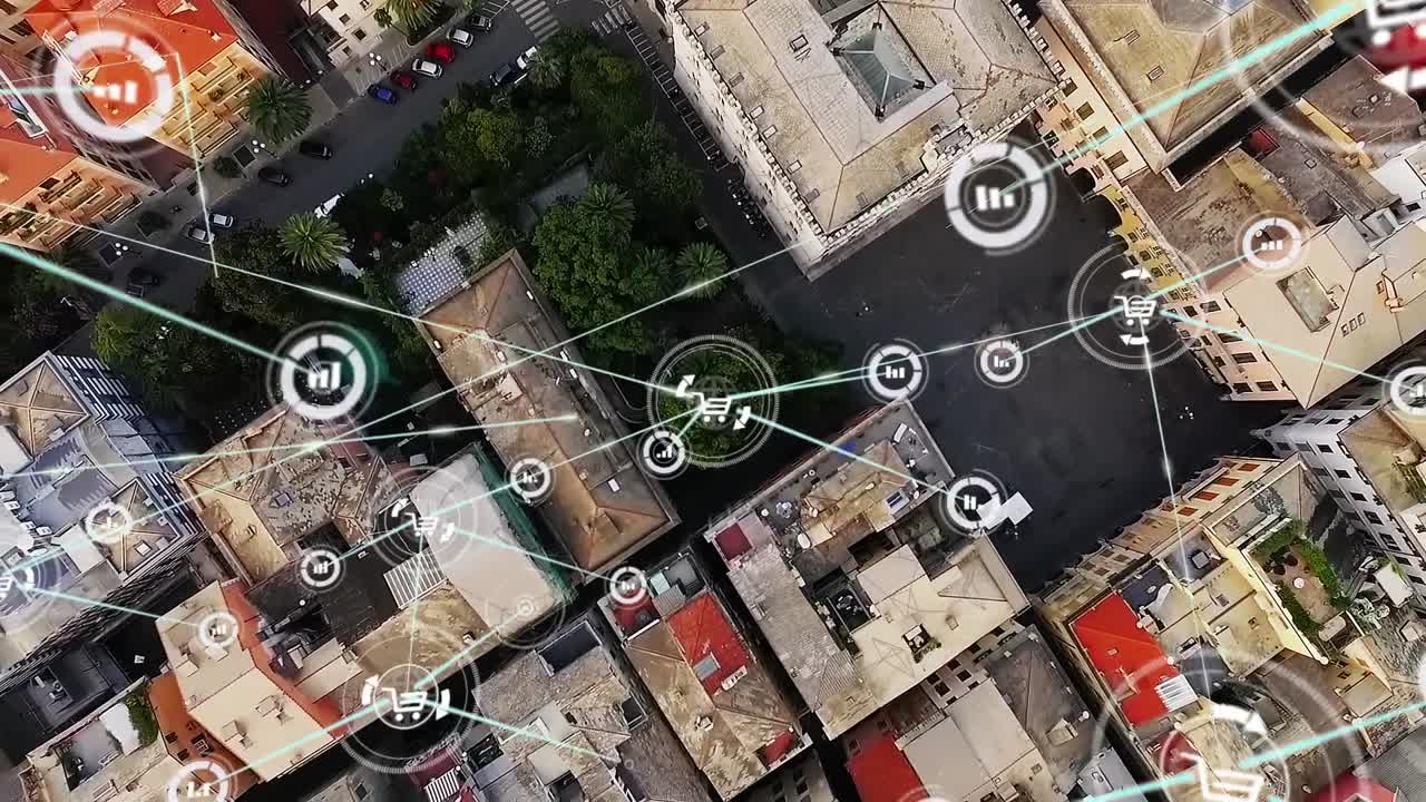 animación de una red de iconos digitales frente a una vista aérea del paisaje urbano