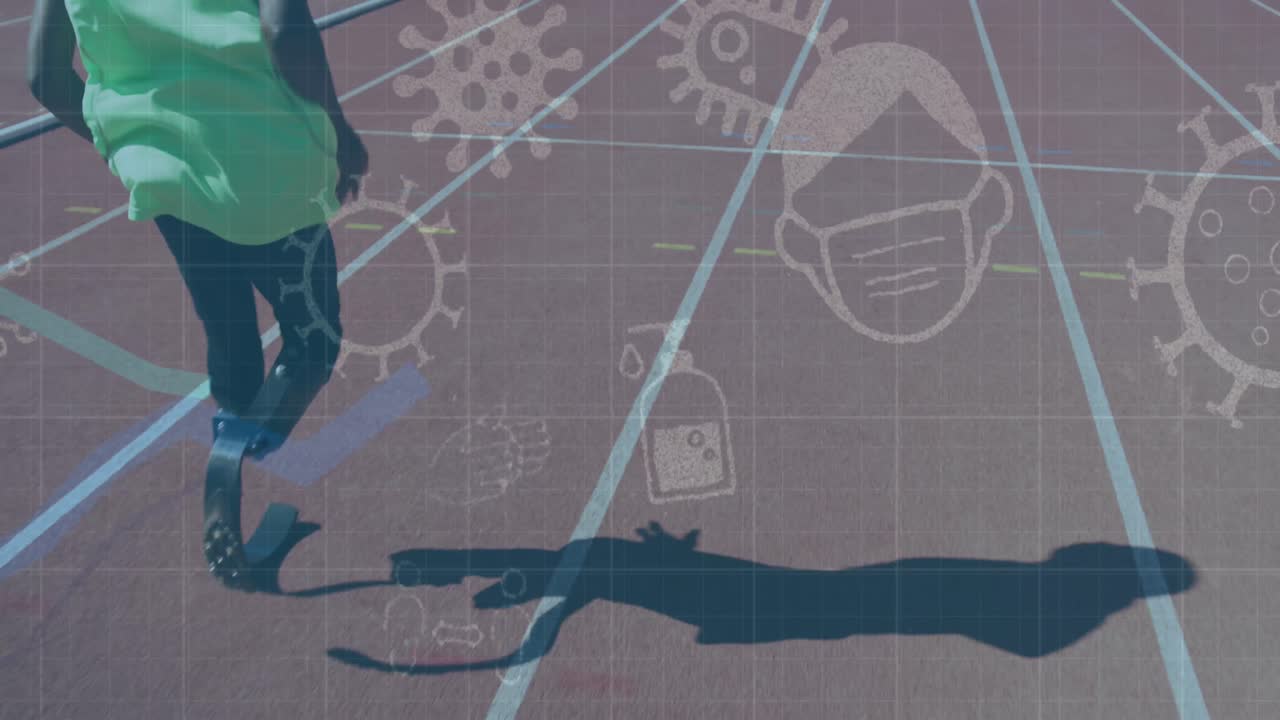 코로나19 세포 아이콘의 애니메이션은 스포츠 필드에서 달리는 남자 선수의 낮은 섹션에 있습니다.