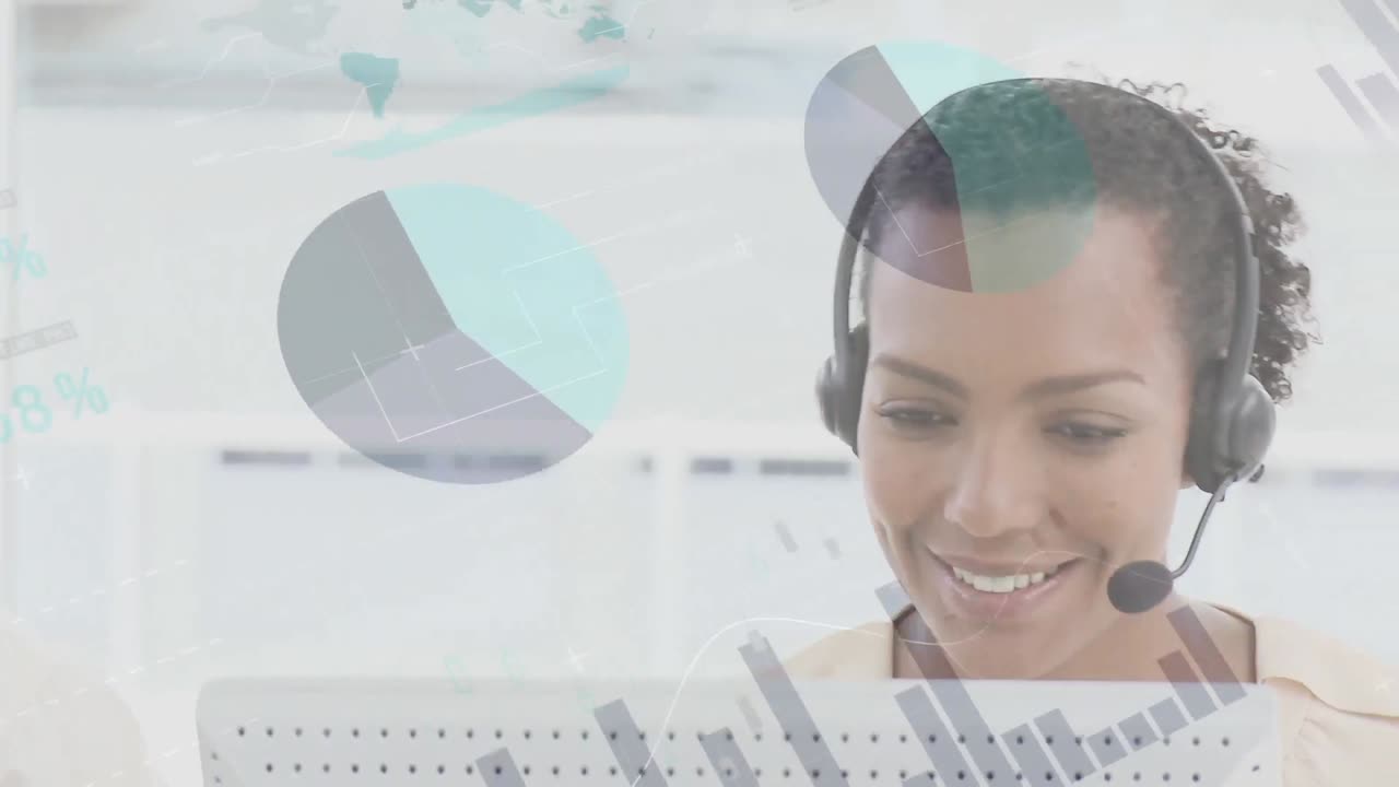 animación del procesamiento de datos financieros y estadísticos sobre una mujer de negocios con auriculares de teléfono