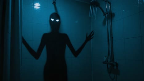 an eerie presence in the shower: shadows and glowing eyes create a haunting atmosphere of mystery and suspense in an unsettling bathroom scene