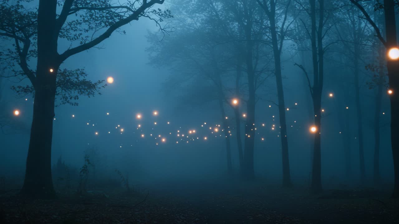 Ethereal Forest in Mist: Enchanted Nightscape with Glowing Orbs Illuminating the Trees Amidst a Mysterious Fog