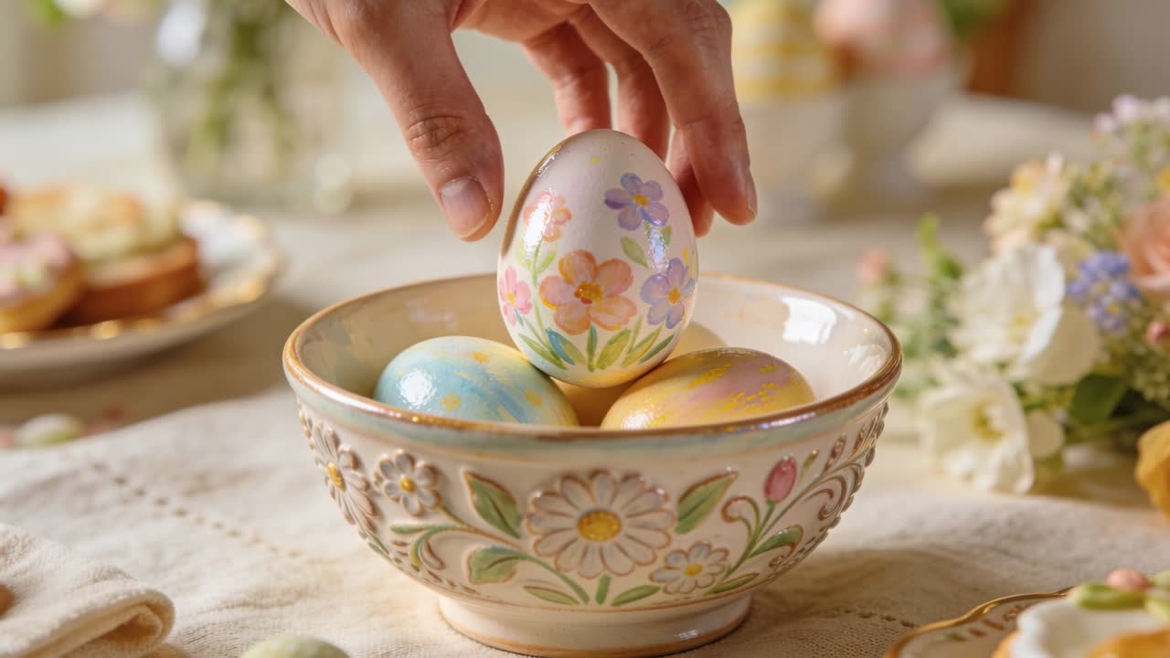 Entering adult hand lifting painted egg upright in ceramic bowl at kitchen table, arranging display