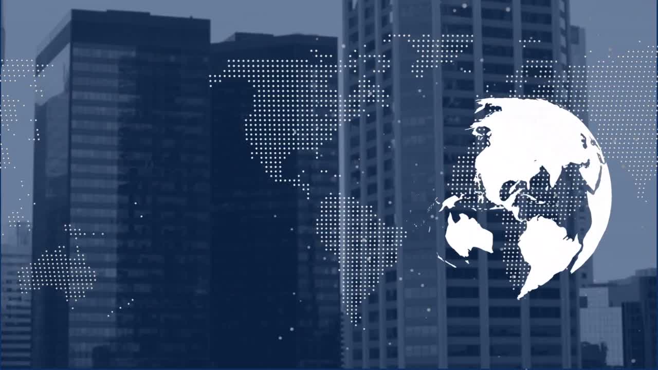 도시 풍경 위의 세계 지도와 지구의 애니메이션