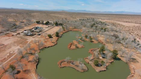 oasis in the mojave desert from the perspective of a first-person view drone