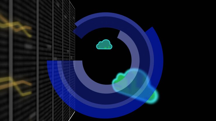 Animation of green cloud icons and blue data loading ring with transferring data network on black