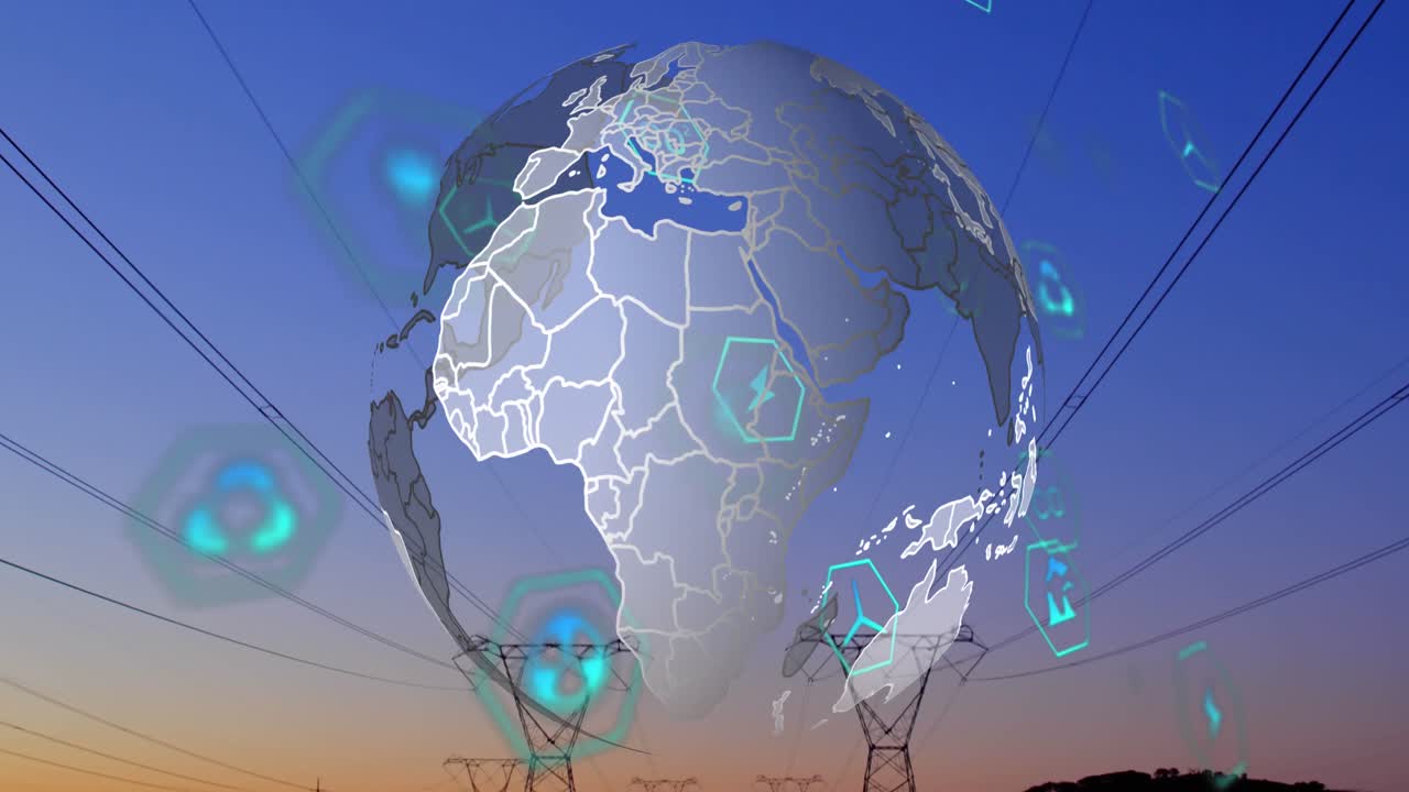 Animation of digital icons and spinning globe over network towers against sunset sky