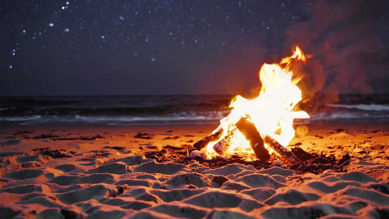 fuego de campamento en una noche de playa estrellada