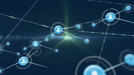 Animation-of-network-of-digital-icons-over-green-light-spot-against-blue-background