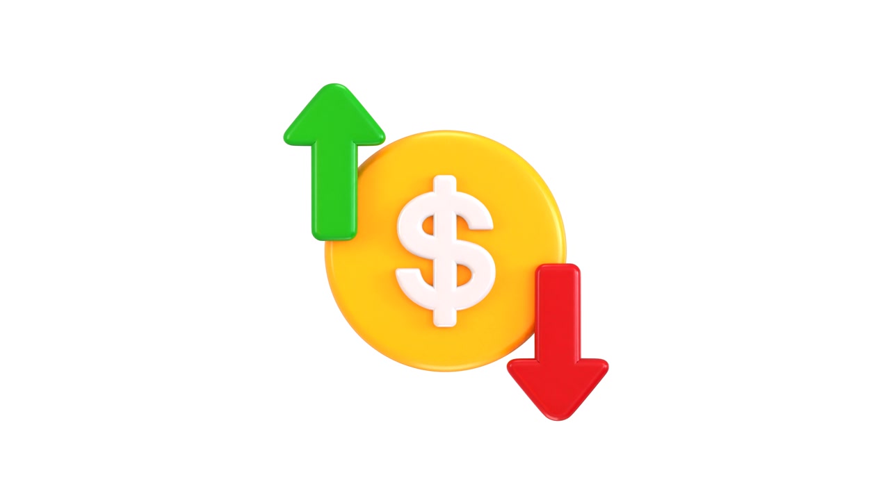 3D Animation of Dollar Coin with Up and Down Arrows