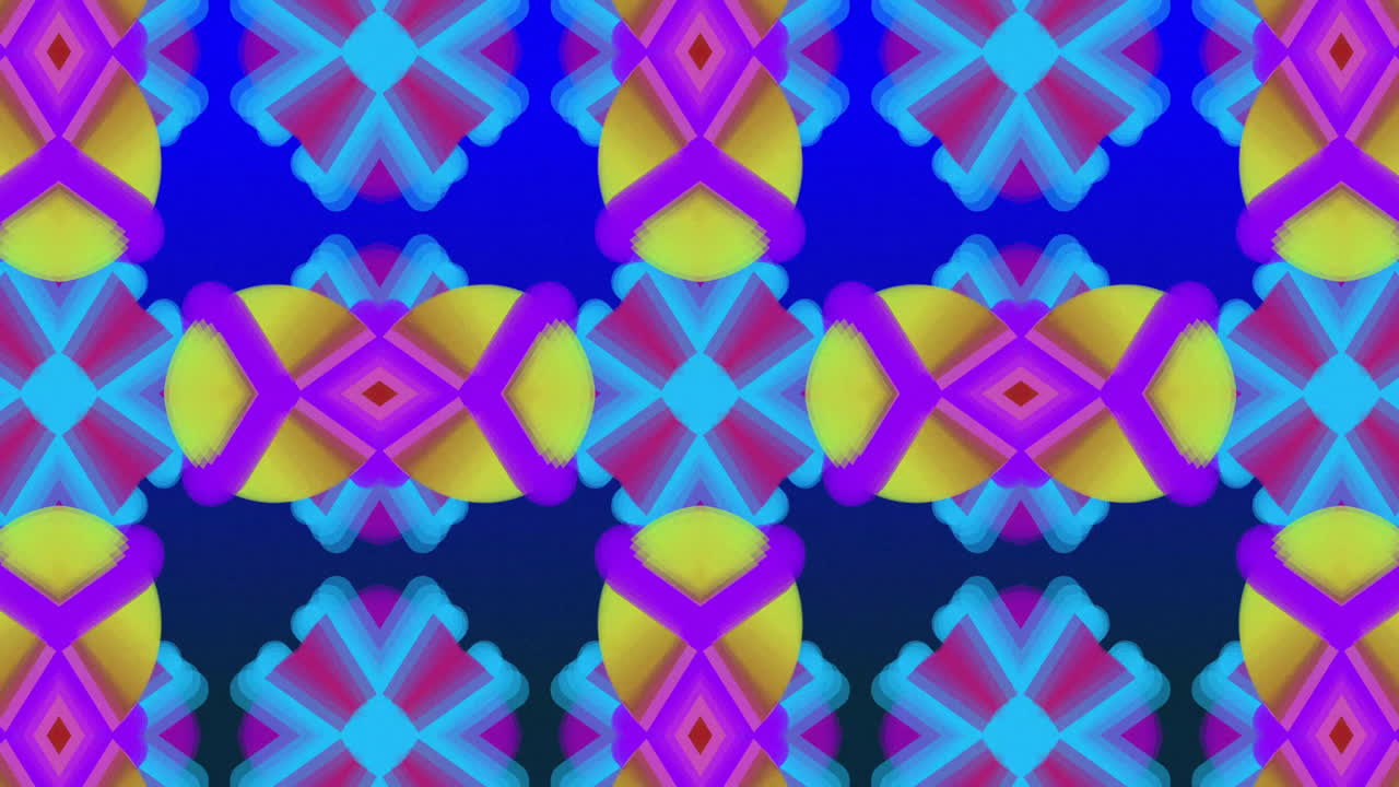 Animation of flash sale text on yellow squares over blue and pink kaleidoscopic pattern